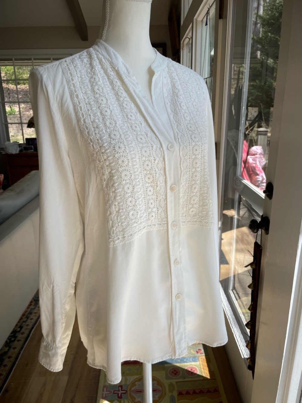 Karen Kane White Lace Panel Button-Front Blouse